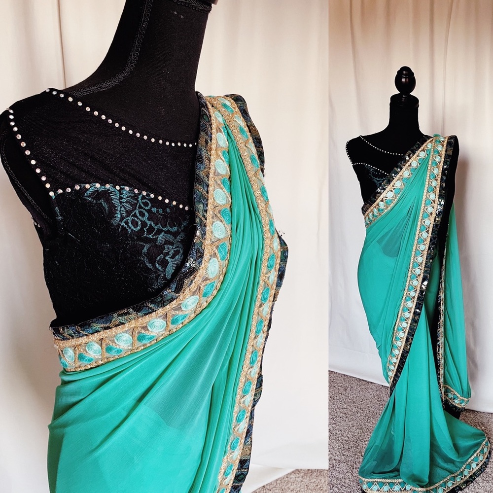 Aqua/Teal/Black Saree